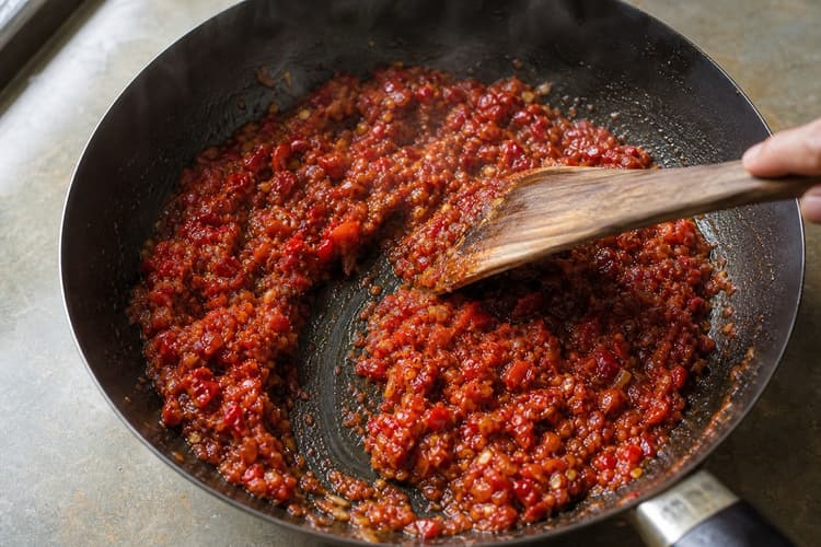 Ayam Goreng Kalasan method step 4, Cook the sambal until glossy: Coarse red sambal has tiny oil beads and no raw tomato or terasi smell.