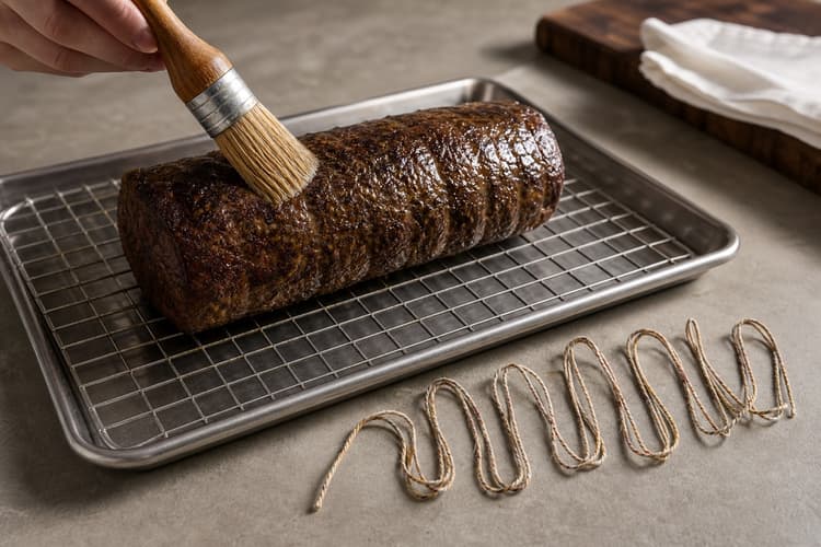 Beef Wellington method step 4, Shape, sear, mustard, and chill: The beef is straight and evenly dark brown outside, still essentially raw in the centre, with only a thin glossy mustard film.