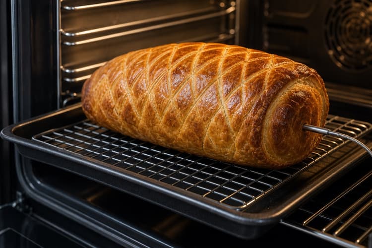 Beef Wellington method step 7, Probe and bake on a hot tray: Pastry is deeply and evenly golden with a crisp base while the centred probe - not the timer - reads 57°C.
