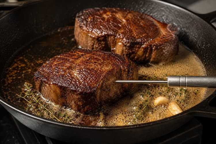 Bistro Steak & Eggs with Shallot Jus method step 3, Pepper and brown-butter baste: The crust is lacquered, butter smells nutty, and the true centre reads 63°C.