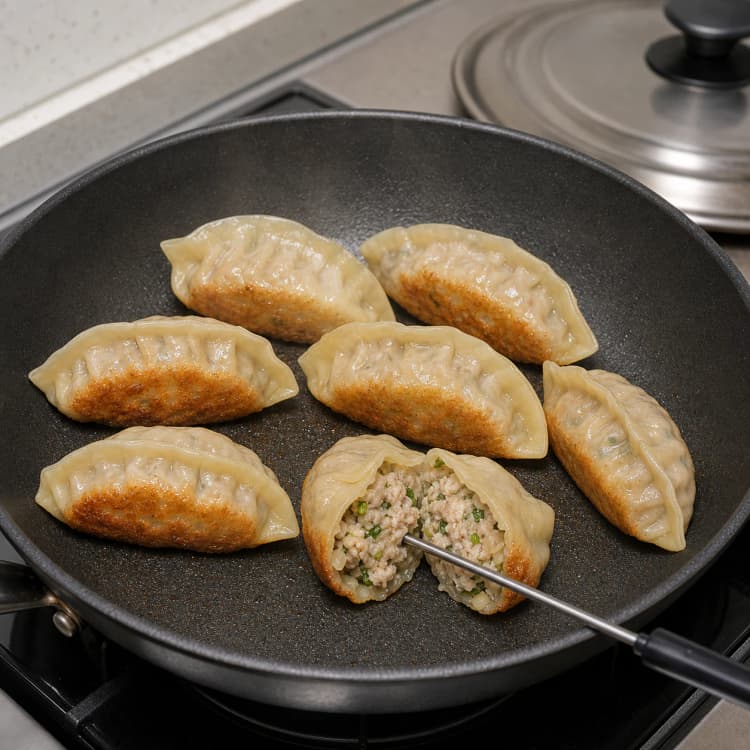 Homemade Pork Mandu method step 5, Pan-steam to 75°C, then re-crisp: Every batch has tender, slightly translucent upper wrappers, crisp bases, and a tested centre of at least 75°C.