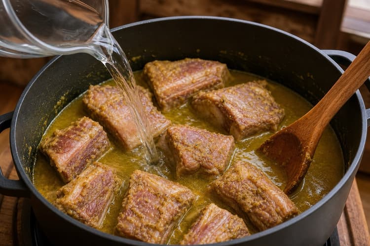 Iga Sapi Goreng Madu method step 2, Coat and start the rib braise: Ribs are mostly submerged in a golden aromatic broth, not a sticky dark sauce.