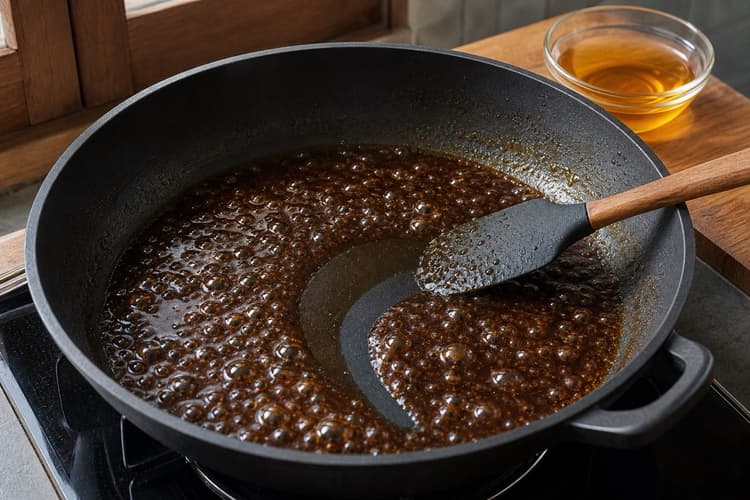 Iga Sapi Goreng Madu method step 6, Reduce kecap-stock before honey: The savoury reduction is glossy and lightly syrupy but still flows back across the pan.