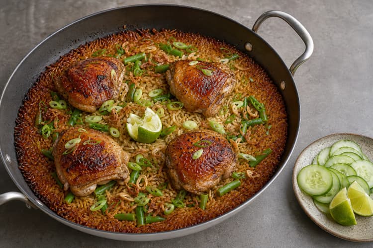 One-Pan Chicken and Crispy Rice method step 7, Finish away from trapped steam: Crisp skin and rice edge remain exposed, centre rice is glossy and separate, and cool cucumber stays outside the steam zone.