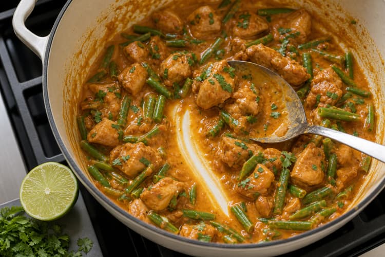 One-Pot Chicken Curry method step 6, Reduce, brighten, and serve: Glossy orange sauce clings to chicken and beans, with fresh lime lift and no watery red rim.