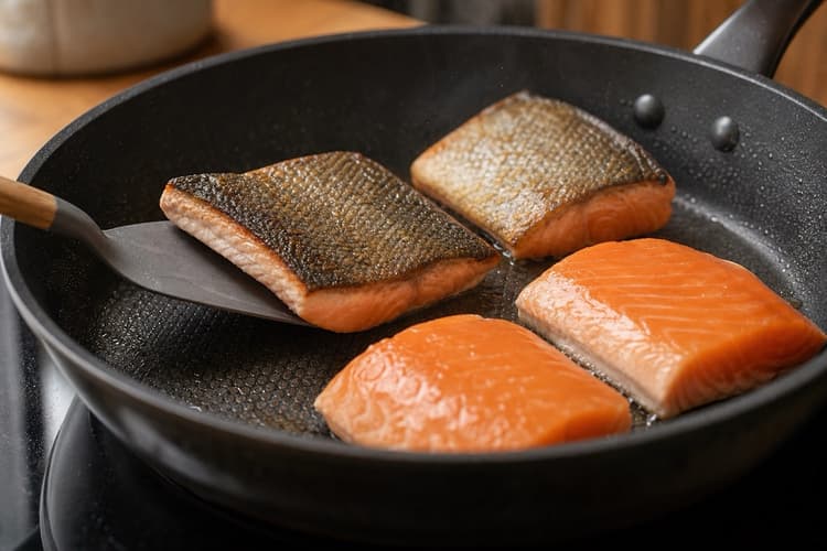 Crispy-Skin Salmon Sambal Matah method step 6, Let the skin release before turning: Skin is evenly deep golden; the thickest centre reaches the conservative 63°C endpoint and separates into moist flakes.