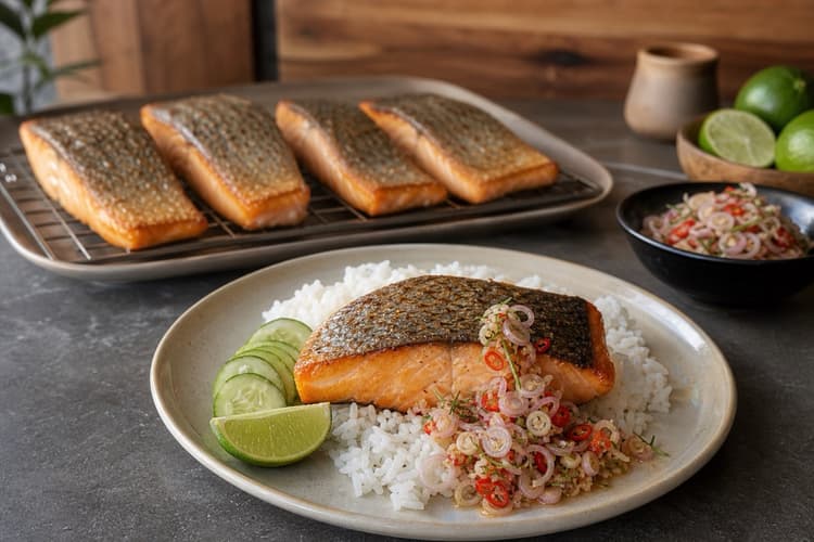 Crispy-Skin Salmon Sambal Matah method step 7, Rest skin-up and plate for crunch: The skin stays audibly crisp beside moist flakes and cool, distinct sambal slices.