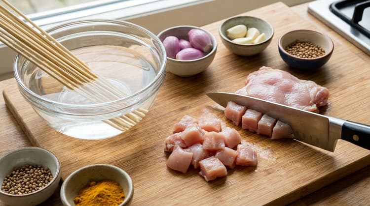Sate Ayam method step 1, Soak and cut: Pieces are similar size so they cook together.