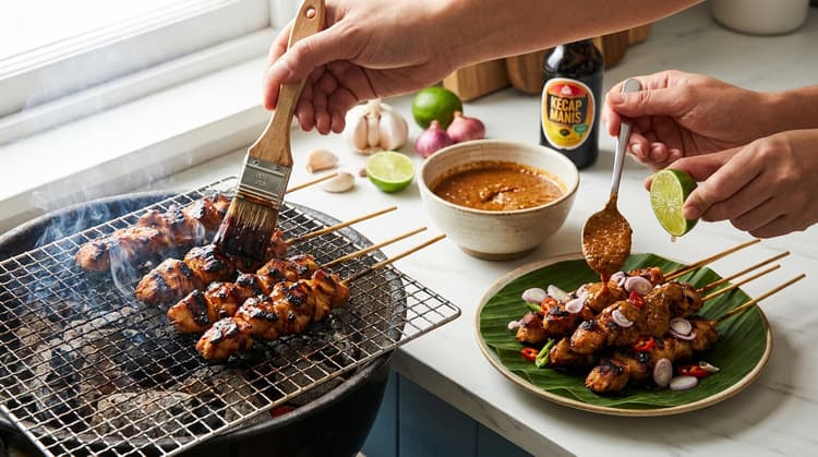Sate Ayam method step 5, Sauce and serve: Glossy chicken and loose sauce.