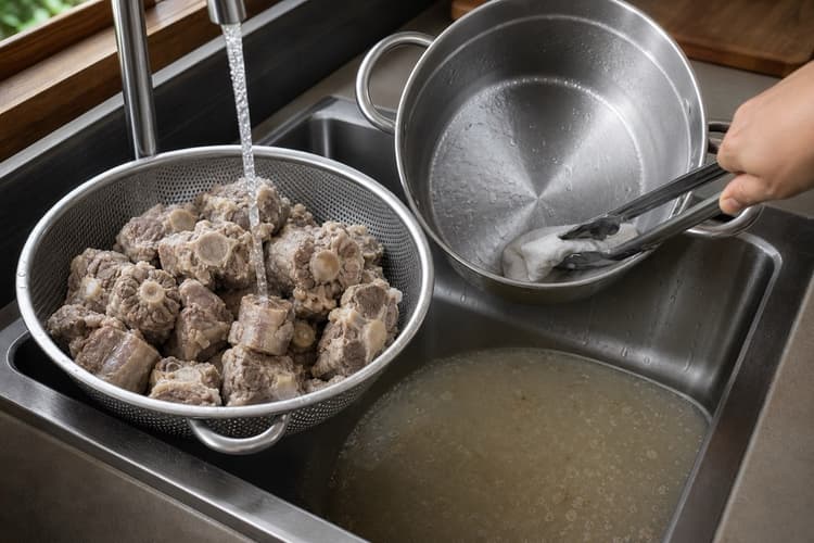 Sop Buntut method step 1, Blanch and clean the oxtail: The drained pieces look clean between the bones and the pot has no grey foam stuck to it.