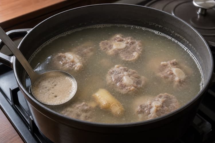 Sop Buntut method step 2, Start a clear bare-simmer stock: Pale clear stock quivers quietly around clean oxtail pieces; there is no rolling turbulence.