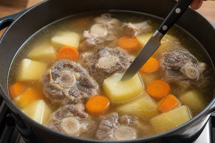 Sop Buntut method step 6, Cook vegetables in order: A knife enters potato and carrot centres, but every piece keeps a clean edge; beef remains the dominant aroma.