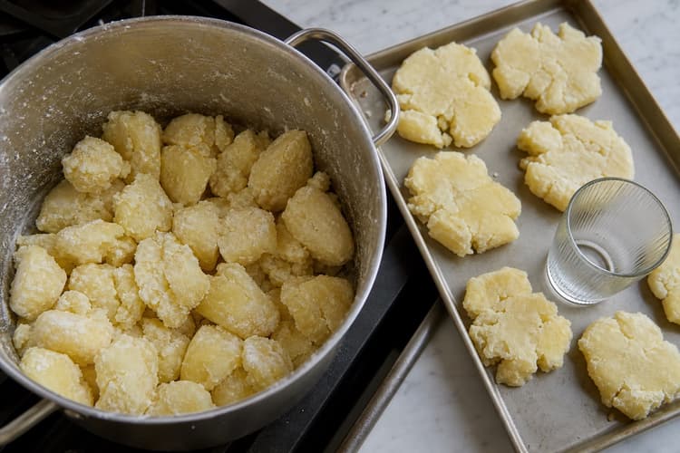 Ultra-Crispy Smashed Potatoes method step 3, Steam-dry, rough, and smash: Potatoes look dry and craggy, with broken edges and a thick starchy coating.