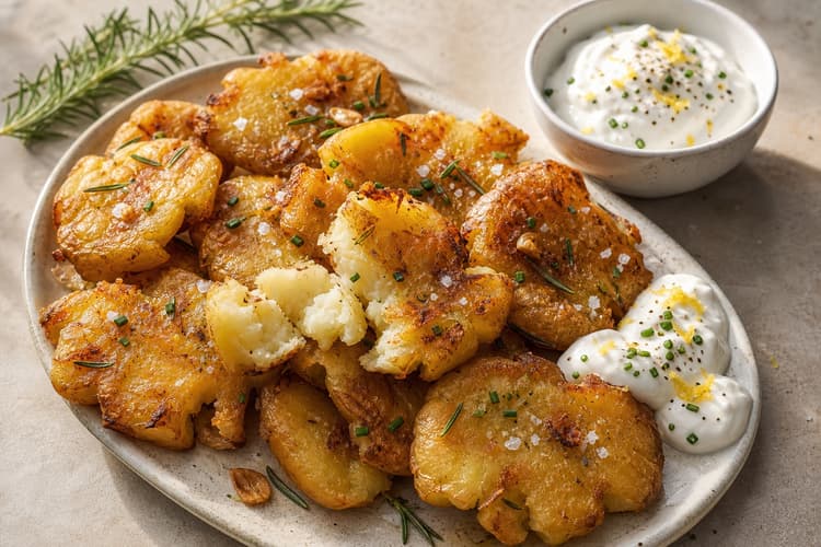 Ultra-Crispy Smashed Potatoes method step 6, Season the cultured cream and serve: The cream holds soft peaks and tastes tangy, herbal, and properly seasoned beside dry crust.