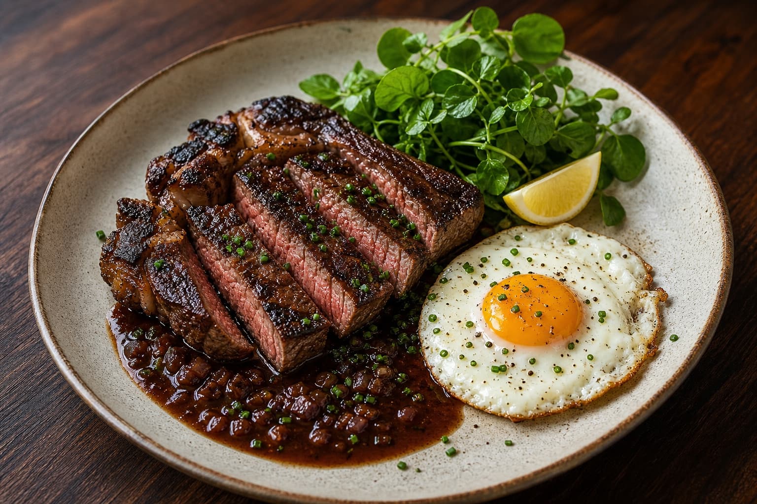 Bistro Steak & Eggs with Shallot Jus plated dish