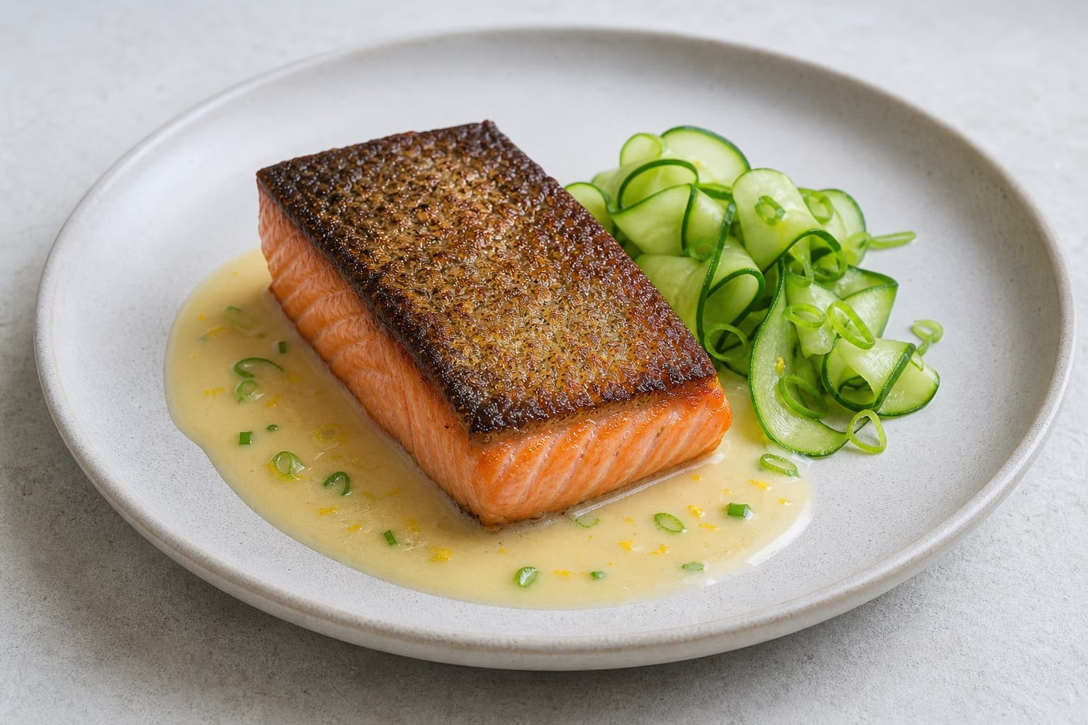 Crisp-Skin Salmon with Miso-Lemon Butter plated dish