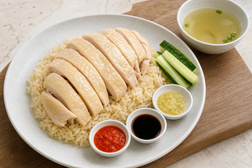 Hainanese Chicken Rice finished dish, showing the intended final colour and presentation