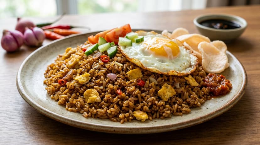 Nasi Goreng finished dish, showing the intended final colour and presentation
