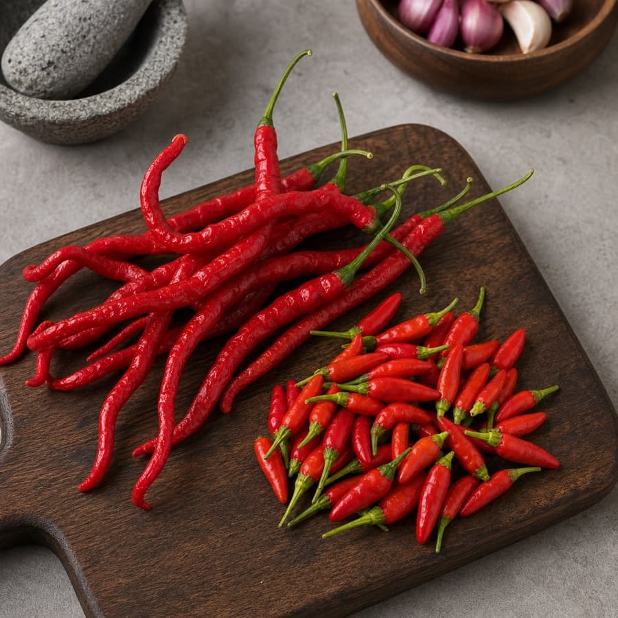 red curly chillies plus bird's-eye chillies (cabai merah keriting dan cabai rawit) for Ayam Goreng Kalasan