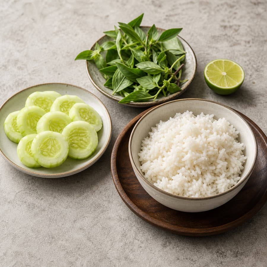 cucumber, kemangi, lime, and steamed rice (timun, kemangi, jeruk limau, dan nasi) for Ayam Goreng Kalasan