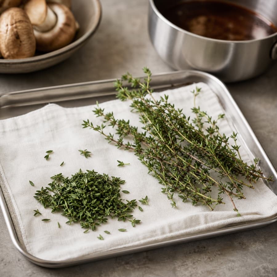 fresh thyme leaves and sprig (daun dan tangkai thyme segar) for Beef Wellington