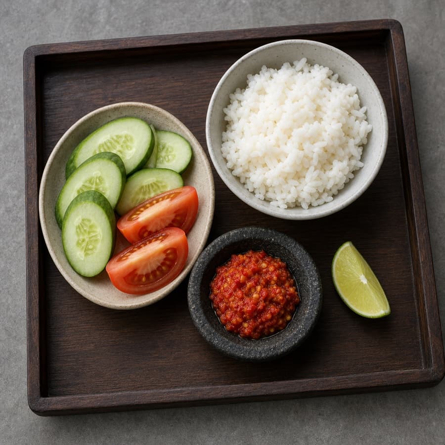 rice, cucumber, tomato, sambal, and lime (nasi, timun, tomat, sambal, dan jeruk limau) for Iga Sapi Goreng Madu