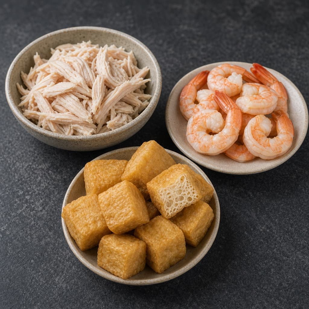 chicken, prawns, or tofu puffs (ayam, udang, atau tahu pong) for Laksa Lemak