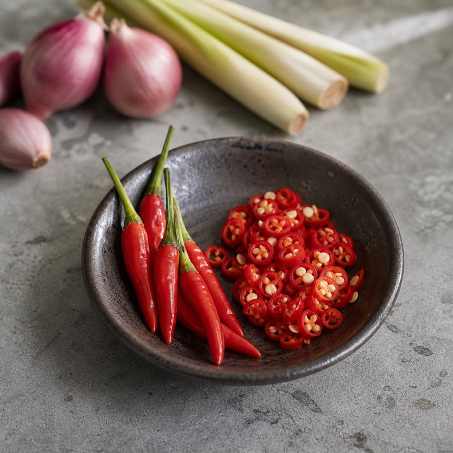 red bird's-eye chillies (cabai rawit merah) for Crispy-Skin Salmon Sambal Matah
