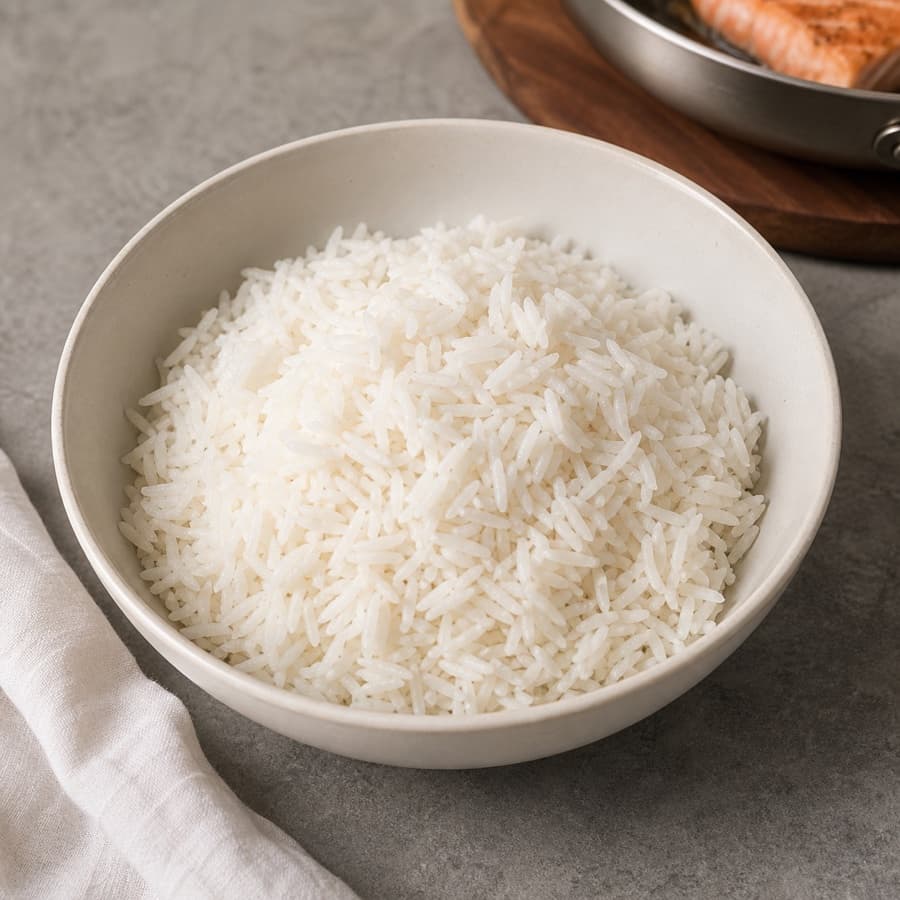 cooked jasmine rice (nasi putih matang) for Crispy-Skin Salmon Sambal Matah
