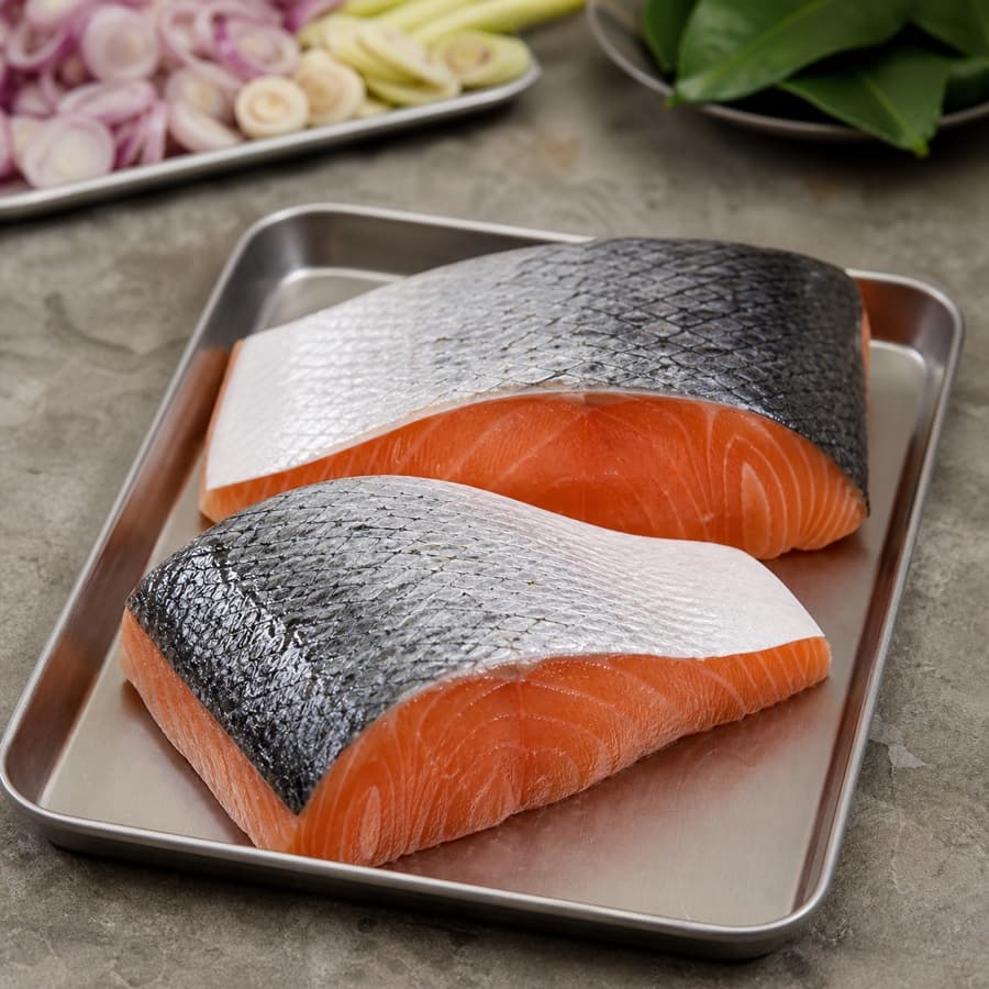 skin-on salmon fillets (fillet salmon dengan kulit) for Crispy-Skin Salmon Sambal Matah