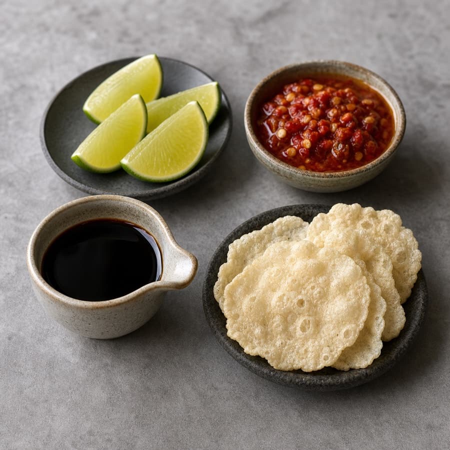 lime, sambal, kecap manis, and emping (jeruk limau, sambal, kecap manis, dan emping) for Sop Buntut