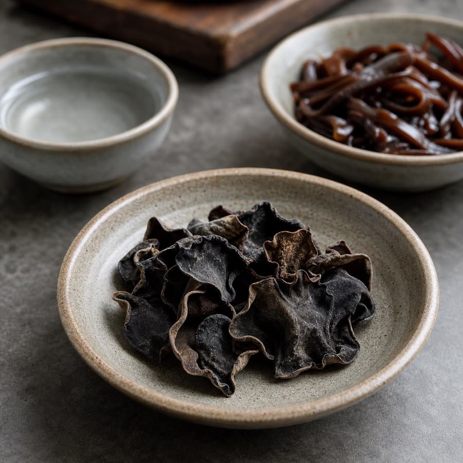 dried kikurage wood-ear mushrooms (jamur kuping kikurage kering) for Tonkotsu Shoyu Ramen
