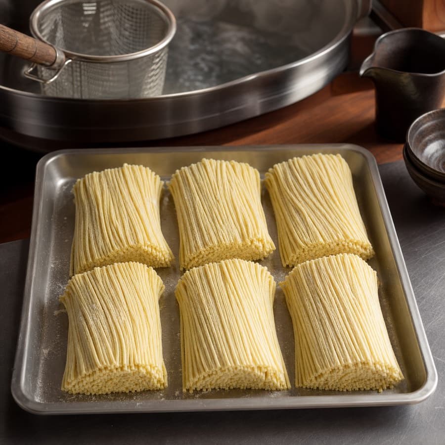 fresh straight alkaline ramen noodles (mi ramen alkali segar lurus) for Tonkotsu Shoyu Ramen