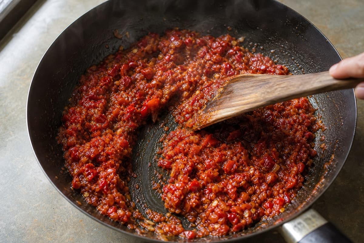Ayam Goreng Kalasan, stage 4: Cook the sambal until glossy