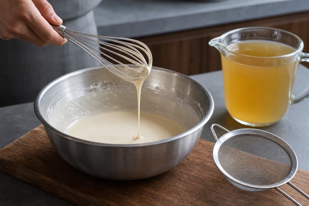 Ayam Goreng Kalasan, step 5, Mix a thin kremes batter: Smooth, fluid batter runs easily from the whisk with no flour lumps.
