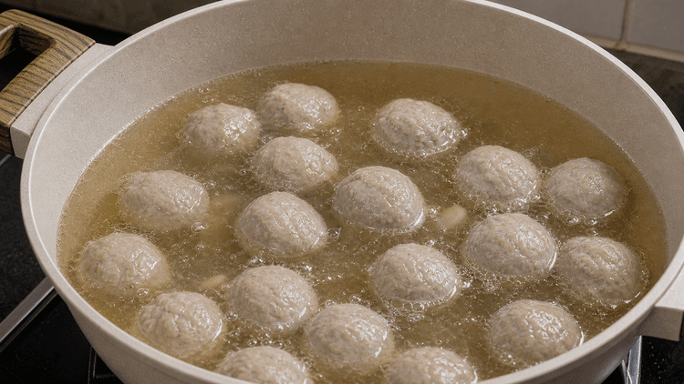 Bakso method step 2, Warm the bakso: Meatballs float and look glossy.