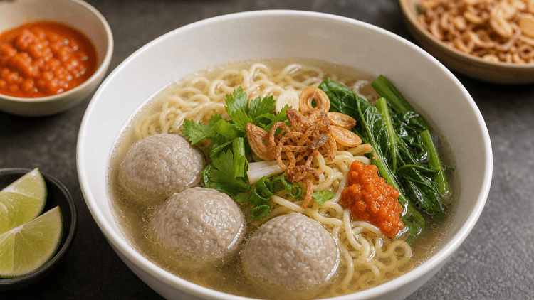 Bakso method step 5, Finish bowls: Clear soup with crisp topping.