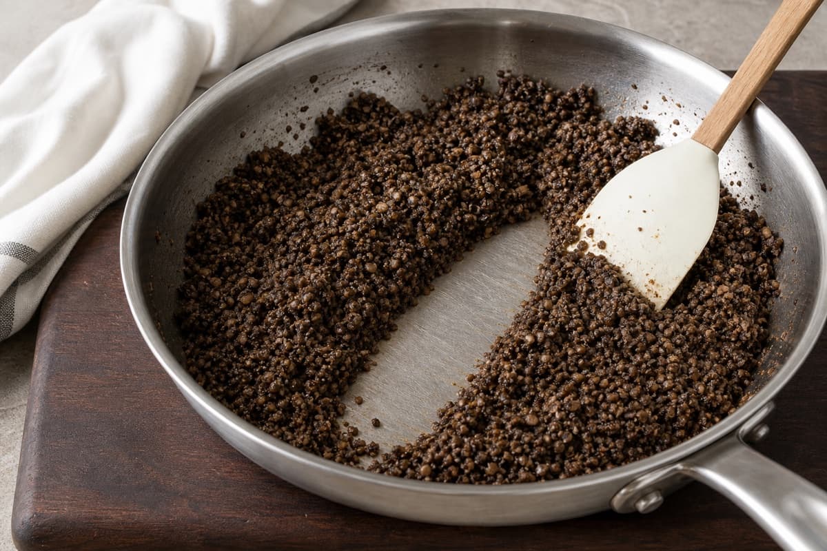 Beef Wellington, step 2, Cook the duxelles completely dry: Dark concentrated paste holds its shape, no watery steam remains, and a spatula trench exposes a dry pan for five seconds.