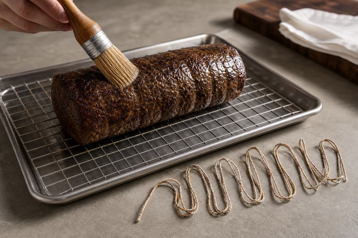 Beef Wellington, stage 4: Shape, sear, mustard, and chill