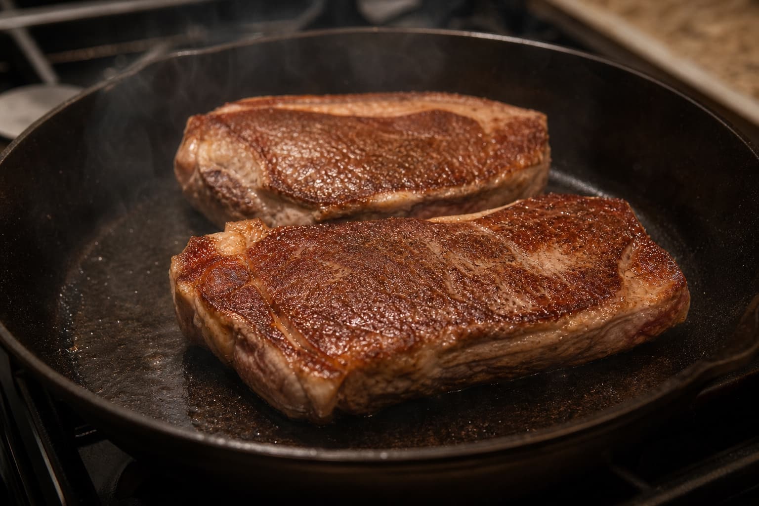 Bistro Steak & Eggs with Shallot Jus, step 2, Lock in a burnished crust: Each broad face is deep mahogany and releases cleanly; the fond is brown rather than black.