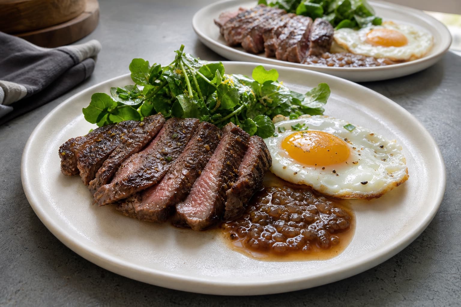 Bistro Steak & Eggs with Shallot Jus, step 6, Compose the hot plate: Crust stays defined beside moist beef, glossy sauce, firm white, thick yolk, and unwilted greens.