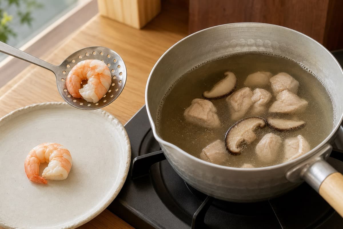 Chawanmushi, step 2, Pre-poach chicken, mushroom, and shrimp: Chicken is safely opaque, shrimp just firm, and no cloudy meat juices enter the egg base.