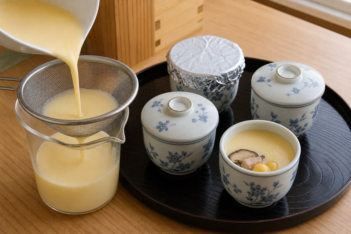 Chawanmushi, step 4, Strain, fill, and cover the cups: The surface is pale, completely smooth, and protected from condensation.