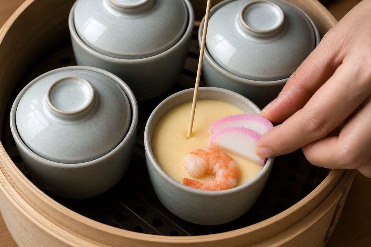 Chawanmushi, stage 6: Test the wobble and add visible fillings