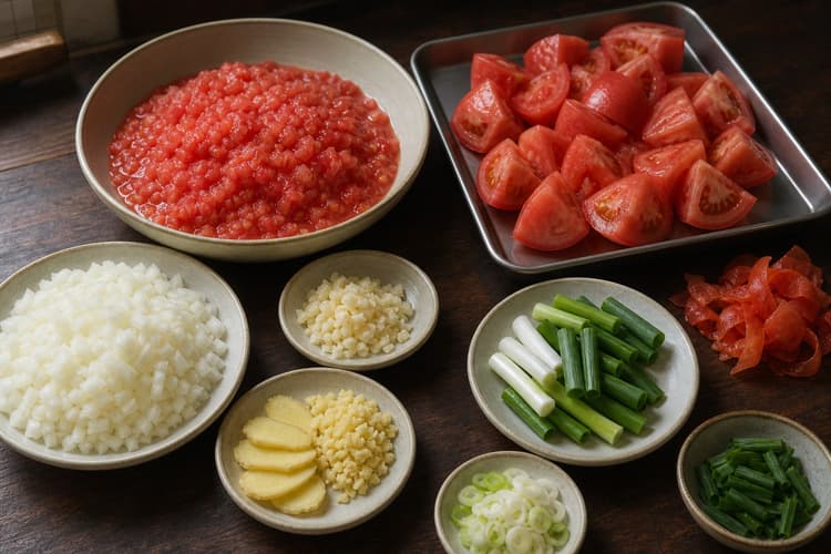 Chinese Tomato Beef Stew method step 1, Peel, split, and stage the produce: Two clearly different tomato cuts are ready, with every seed and drop of juice retained and the aromatics separated by use.