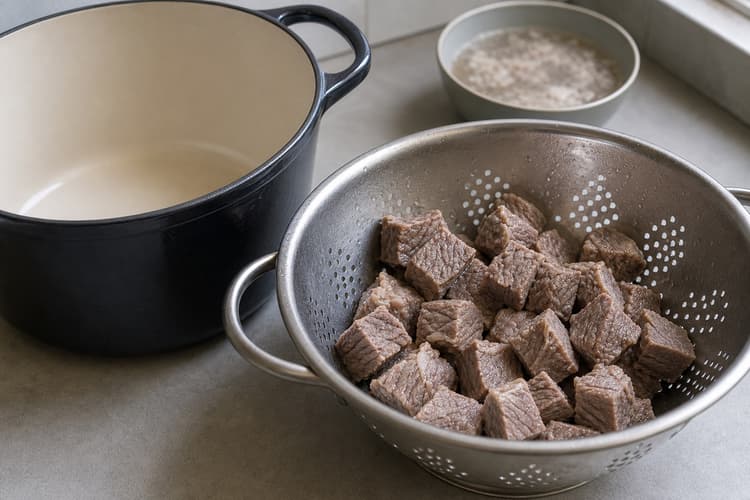 Chinese Tomato Beef Stew method step 2, Blanch and clean the beef: The cubes are clean grey-brown with visible collagen seams and no beige foam or dark clots attached.