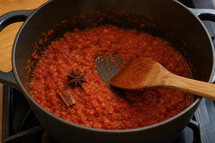 Chinese Tomato Beef Stew method step 4, Cook a concentrated tomato base: A spatula leaves a trail that closes slowly, tiny oil glints appear, and the raw tomato-paste smell is gone.