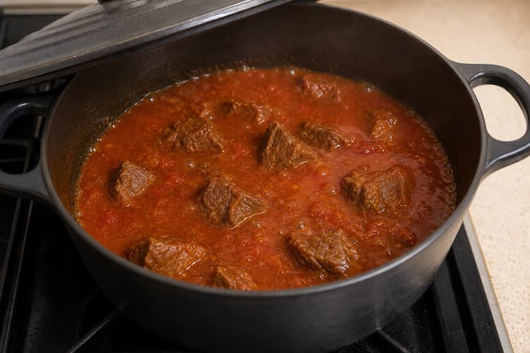 Chinese Tomato Beef Stew method step 5, Hold a bare simmer until truly tender: The pot barely simmers, and the most resistant cube, not the clock, eventually yields to a skewer and spoon.