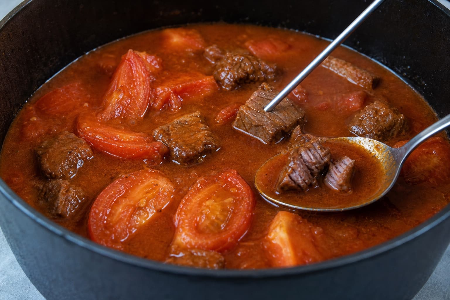 Chinese Tomato Beef Stew, step 6, Add fresh tomato and glaze the sauce: The sauce coats a spoon in a glossy, pourable film, with both melted tomato and recognisable softened wedges.