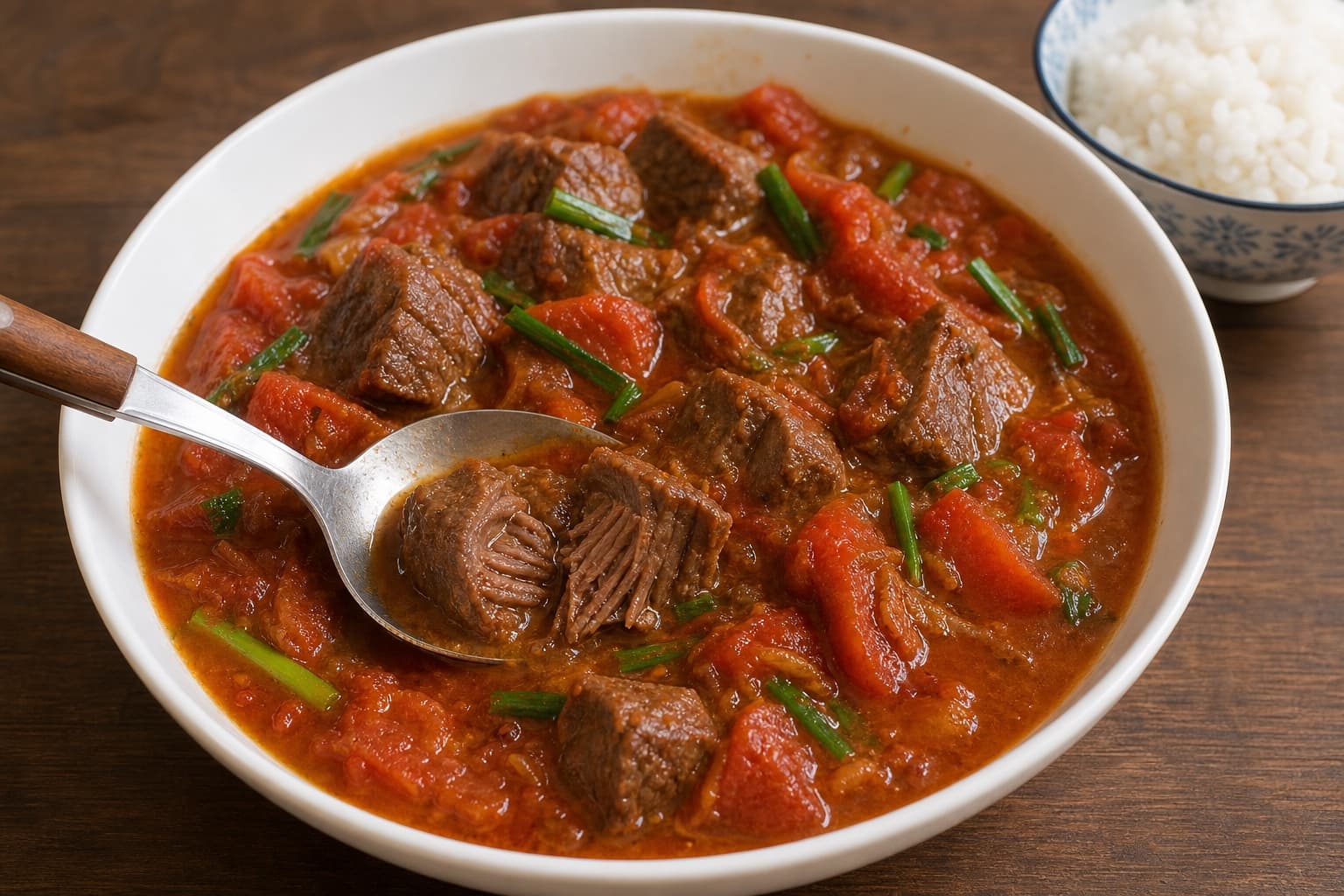 Chinese Tomato Beef Stew, step 7, Rest, skim, and serve: A spoon-cut cube exposes moist fibres and the glossy sauce clings without a watery ring.